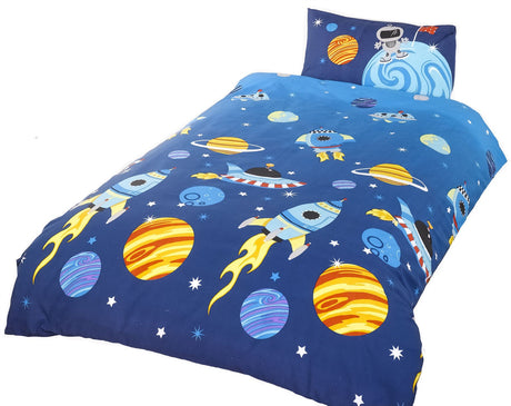 A matching pillowcase displaying an astronaut standing on the moon, complementing the fun space scene on the Rockets Duvet Set