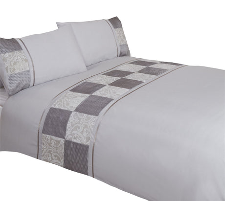 Elegant mink Batiste Duvet Set with button closure, pieced with satin and damask jacquard squares, complete with matching pillowcases in superking size