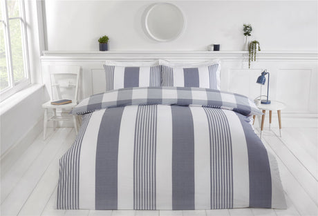Luxurious chambray stripe duvet cover made from sustainable BCI cotton and recycled polyester