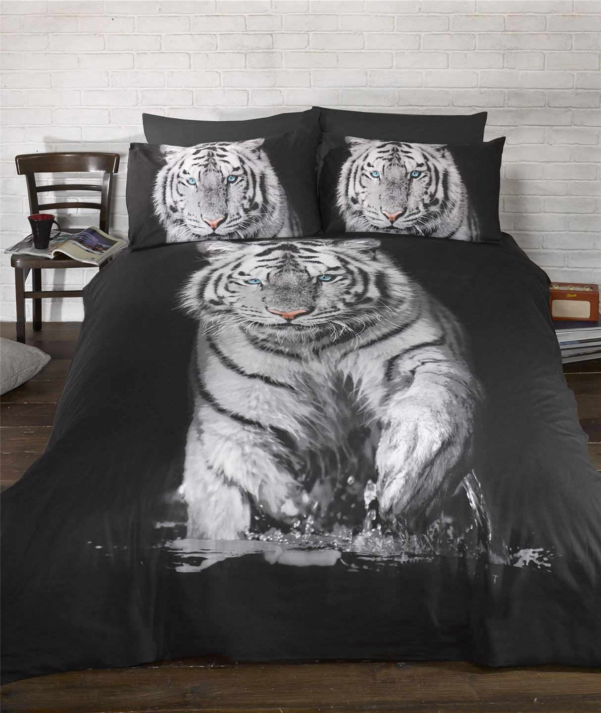 Stunning photographic print of a mesmerising white tiger with blue eyes