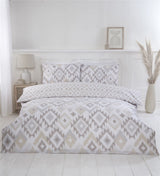 Elegant reversible Ikat duvet cover set with matching pillowcases showcasing vibrant bohemian patterns