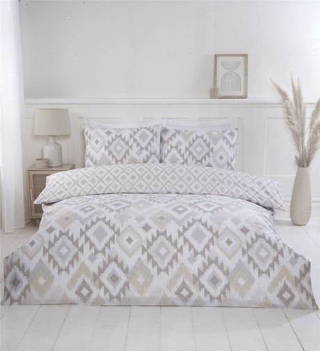Elegant reversible Ikat duvet cover set with matching pillowcases showcasing vibrant bohemian patterns