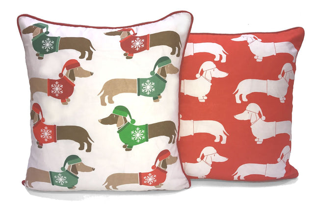Reversible 43x43cm sausage dog filled cushion with piped edge detail