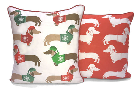 A colourful reversible cushion featuring a playful all-over sausage dog design, measuring 43x43cm, with a piped edge finish