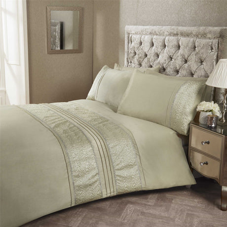 Elegant Aurora Duvet Set featuring classic trailing floral embroidery and golden pintucks