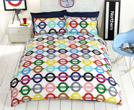 Official TfL licensed London Underground duvet cover set in vibrant colours with popper closures and easycare fabric