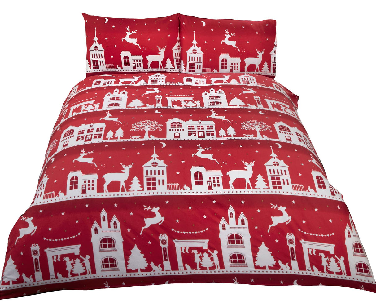 Red and grey duvet set with reindeer and christmas tree print