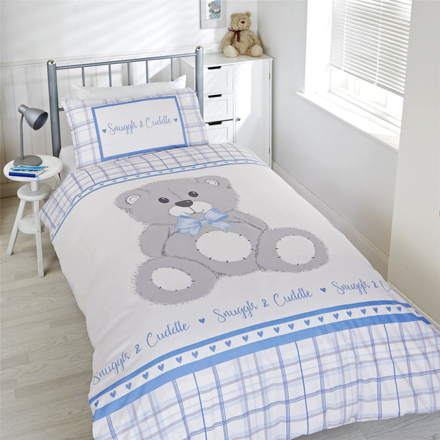 Cute teddy bear and check print single duvet cover and pillowcase set for kids