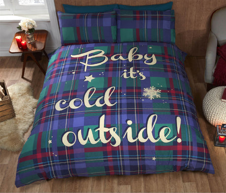 Cozy tartan print duvet cover and pillowcase set featuring festive slogan for a warm bedroom look