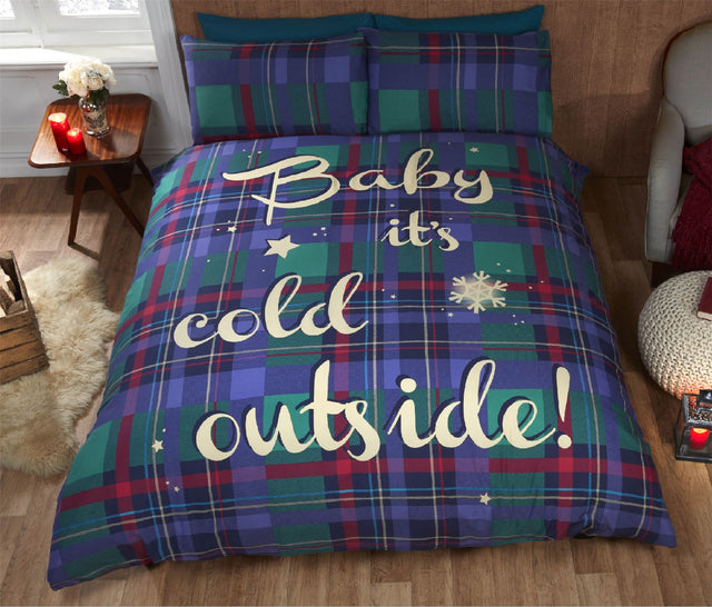 Cozy tartan print duvet cover and pillowcase set featuring festive slogan for a warm bedroom look
