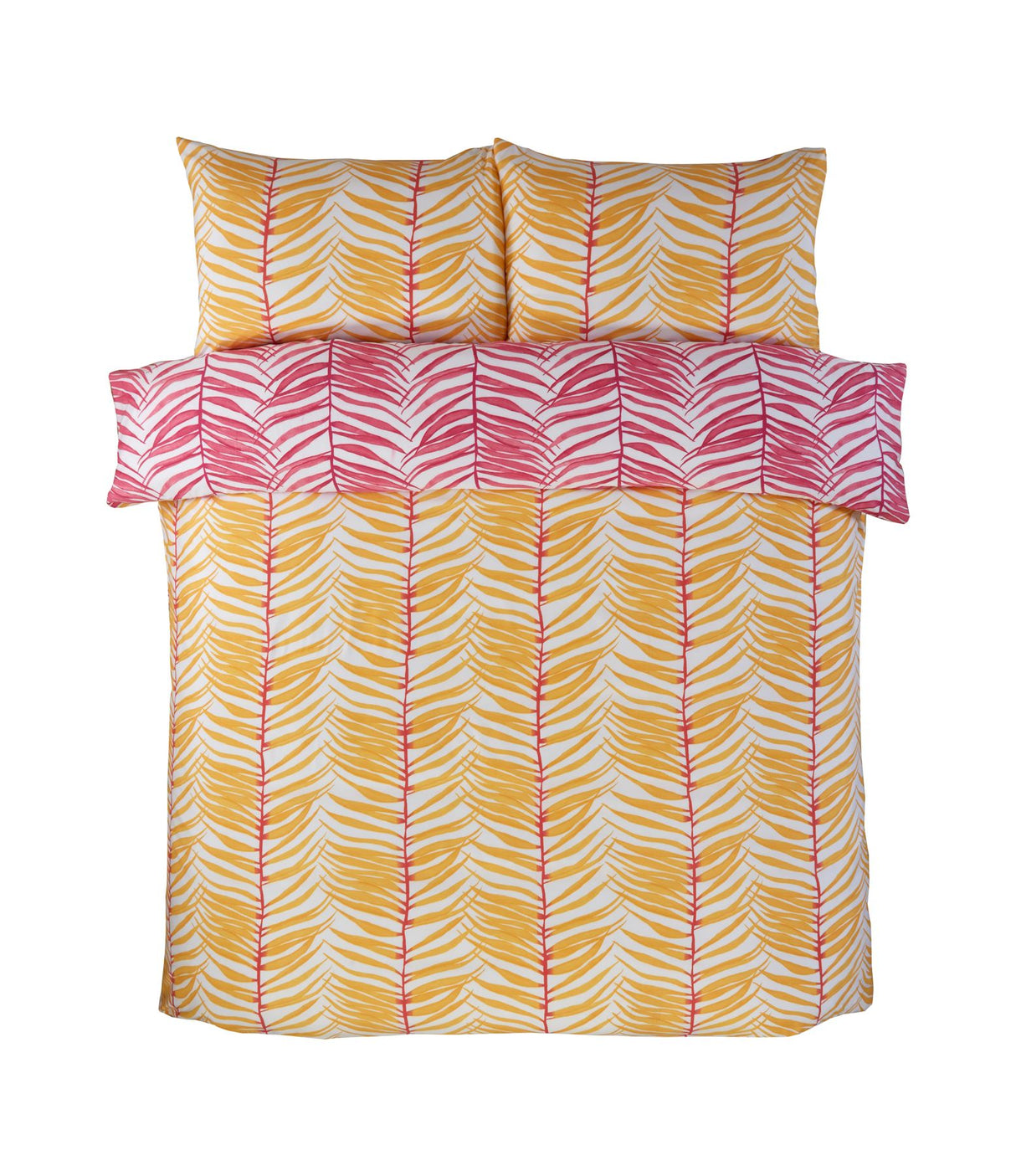 Soft and comfortable Tropical Trails Duvet Set showcasing exotic palm leaf patterns in vivid yellow and pink on a crisp white backdrop