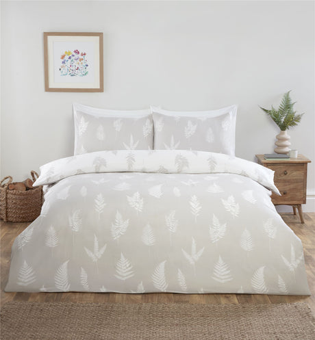 Complete bedroom bedding set featuring fern leaf design, includes duvet cover, fitted sheet, and pillowcases in matching print