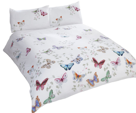 Close-up of the Mariposa Duvet Set featuring a delicate butterfly and trailing leaf pattern on easycare fabric