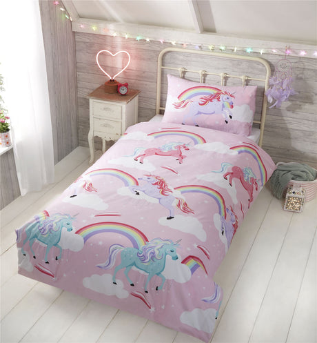 A colourful My Little Unicorn Duvet Set featuring pink and blue unicorns, clouds, and rainbows on a pink background, includes matching pillowcase, with a popper closing mechanism for toddler and single sizes