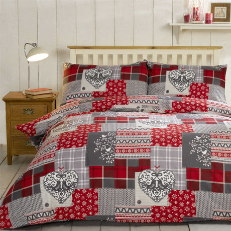 Luxurious alpine patchwork brushed cotton duvet cover featuring intricate ditsy patterns in red and grey for a cosy winter aesthetic