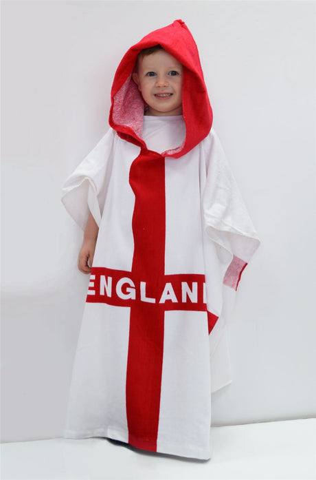 A white and red England flag hooded beach towel made from super soft veloured towelling, measuring 88cm in length with an 85cm waist and 80cm shoulder width, perfect as a beach cover-up or post-swimming poncho