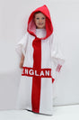 A white and red England flag hooded beach towel made from super soft veloured towelling, measuring 88cm in length with an 85cm waist and 80cm shoulder width, perfect as a beach cover-up or post-swimming poncho