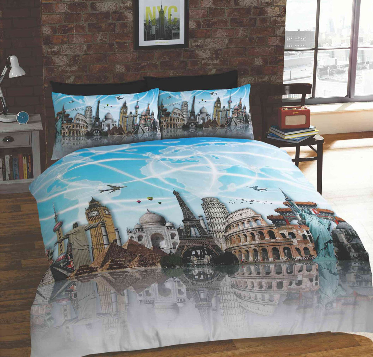 Eight Wonders Of The World Duvet Set featuring famous landmarks like Eiffel Tower, Big Ben, Statue of Liberty, and Taj Mahal Available in single, double, and kingsize with matching pillowcases and popper closing mechanism