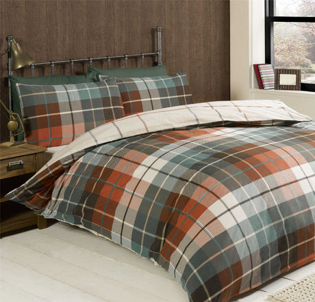 Kingsize Lomond Check Flannellette bedding includes duvet cover and matching pillowcases in traditional check design