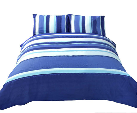Full view of King size Detroit Duvet Cover with coordinated pillowcases and contemporary stripe pattern