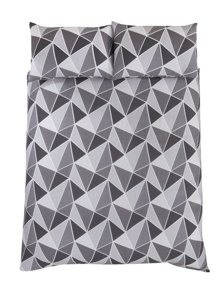 Elegant duvet cover with bold abstract triangle pattern in blush and grey tones