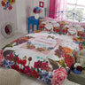 Quirky Secret Garden Duvet Set with colourful birds, bold floral motifs, vintage scrolls and framed text design