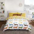 Vibrant reversible duvet set featuring colourful sausage dog print with matching ochre yellow reverse