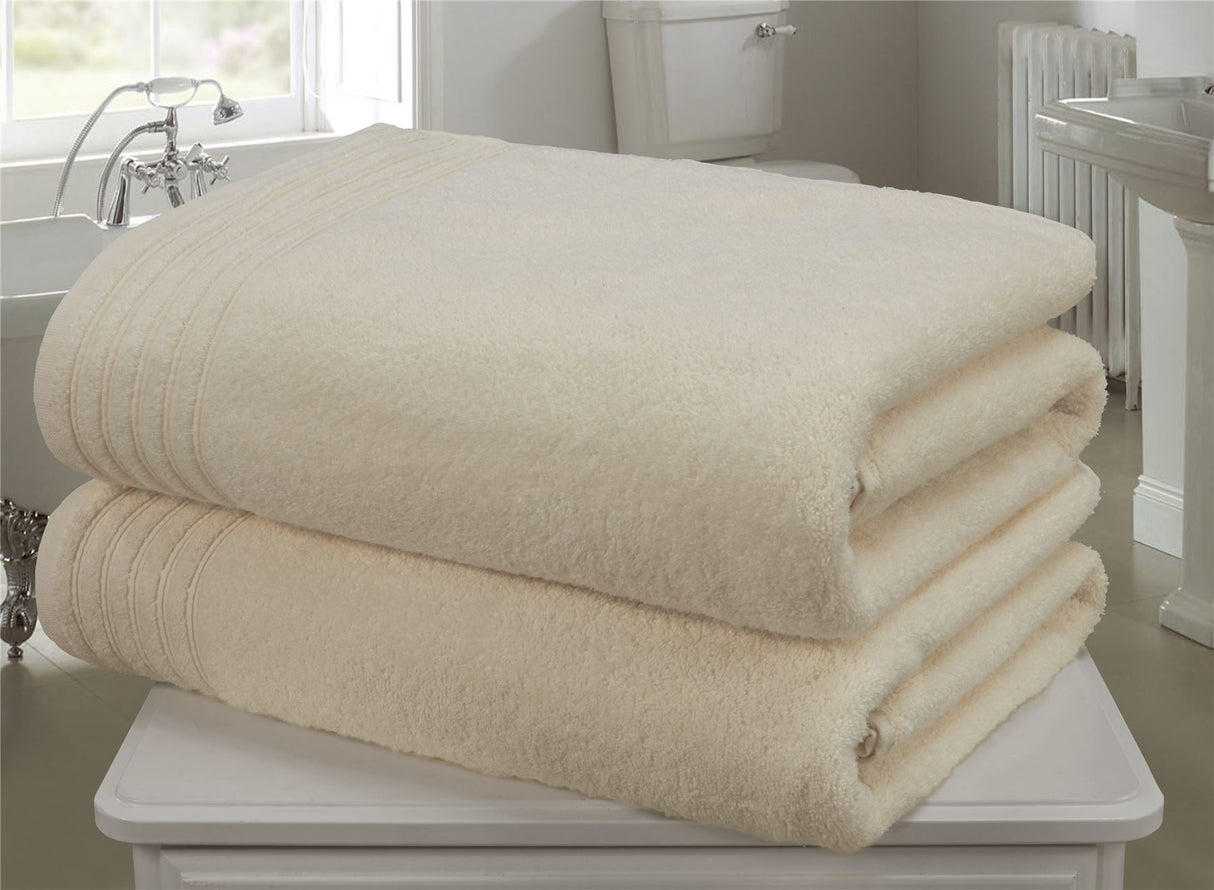 Soft fluffy 100% pure cotton bath towel with woven border detail