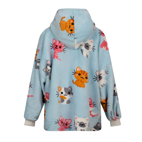 Oversized wearable hoodie with charming kitten design on a soft blue background, perfect for warmth and comfort