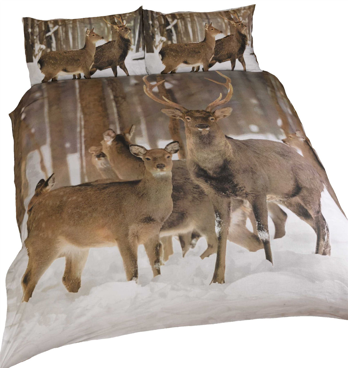 Detailed duvet set showcasing a captivating image of a stag and doe in a picturesque winter forest scene, perfect for nature lovers