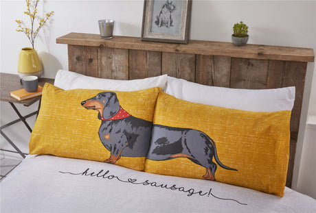 Easycare fabric duvet set with vibrant panel print of endearing dachshund dogs and contrasting reverse for added charm