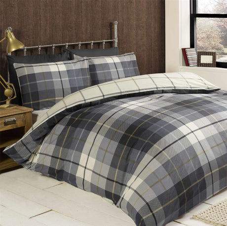 Traditional check print on 100% brushed cotton duvet set with matching pillowcases