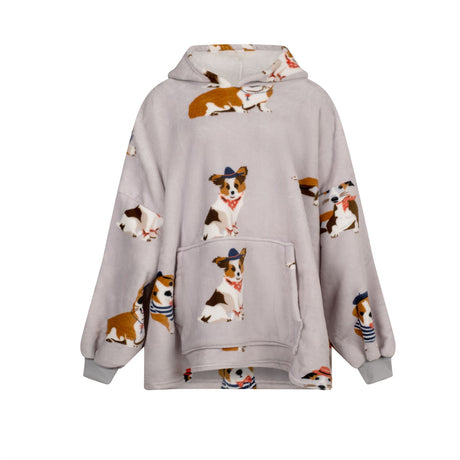 Cozy oversized fleece hoodie featuring fashionable dog illustrations with hats, kerchiefs, and t-shirts