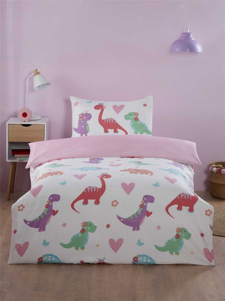 A vibrant pink dinosaur print duvet set featuring playful prehistoric designs with matching pillowcases, suitable for toddlers or singles, made from easycare, non-iron fabric with popper closures for children's bedroom decor