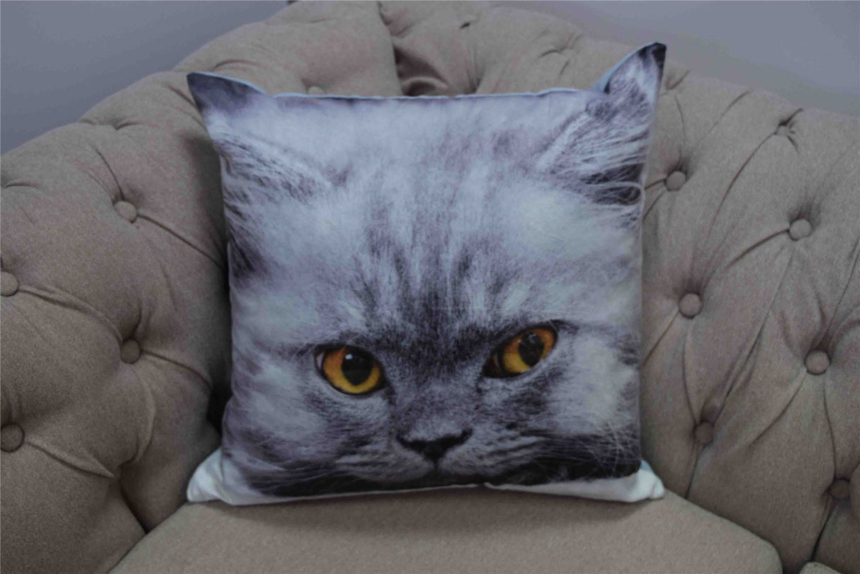 A luxurious velvet cushion featuring a cute photographic persian cat with amber eyes