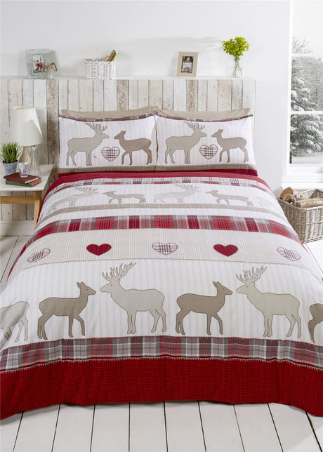 Reversible St Andrews Brushed Cotton Duvet Cover Set showcasing stylish stag motifs and classic tartan prints for cosy winter nights