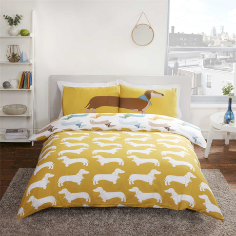 Single duvet set with colourful sausage dog print and coordinating pillowcase featuring a stretched sausage dog across the pillow