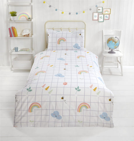 Decorative side of the Happy Home duvet set showing bees and rainbows pattern on the reverse side, crafted from eco-friendly materials