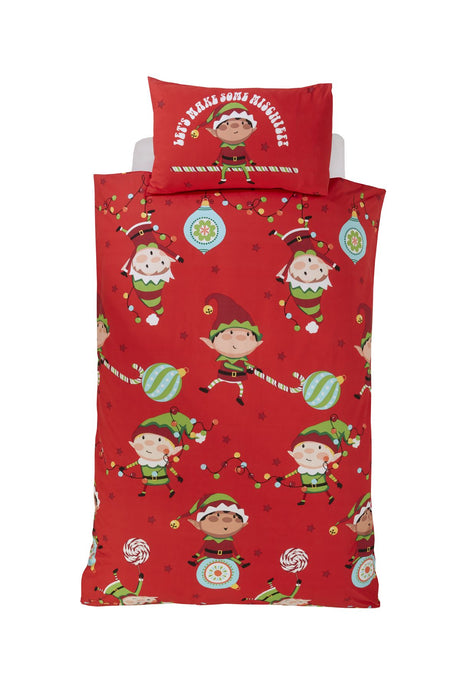 Playful elves riding on baubles and holding candy canes on Christmas-themed duvet cover set with popper closure