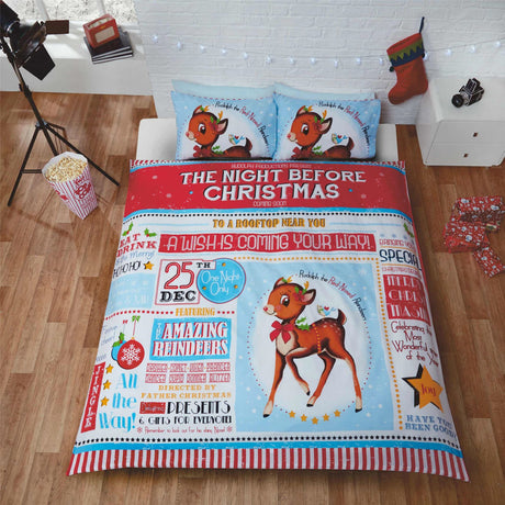 Festive Rudolph and Christmas sayings on the Night Before Christmas Duvet Set with easy-care fabric