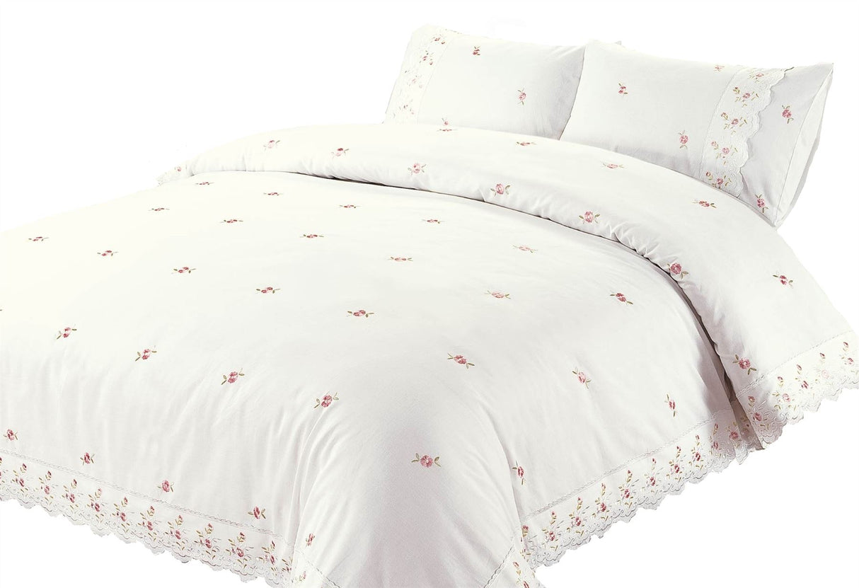 Full view of double-sized Sophie Duvet Set with floral embroidery and lace accents