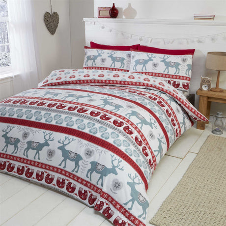 Charming Scandi-inspired duvet set featuring reindeer and hearts banded design for a festive Christmas look