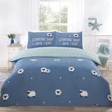 Reversible bedding with a charming ditsy daisy reverse, showcasing the Counting Sheep pattern and playful slogan on pillows