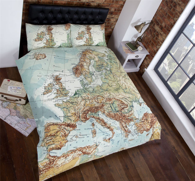 Vintage map duvet set with vibrant colours showing cities and mountain ranges, available in single, double, and kingsize, with matching pillowcases and popper closing mechanism