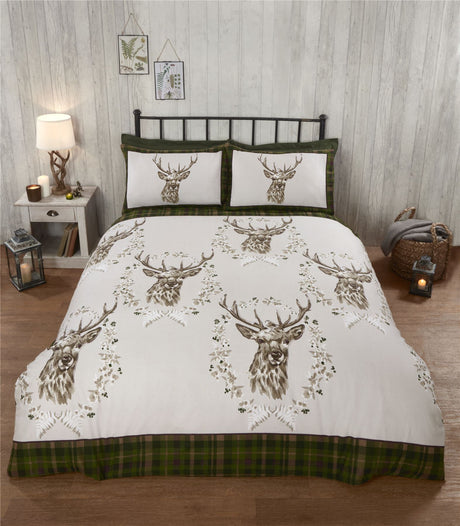 Rustic Angus Stag Brushed Cotton Duvet Set featuring stag head motifs on the front