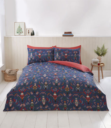 Soft and plush microfibre Nutcracker duvet cover displaying a colourful holiday scene with traditional nutcracker figures