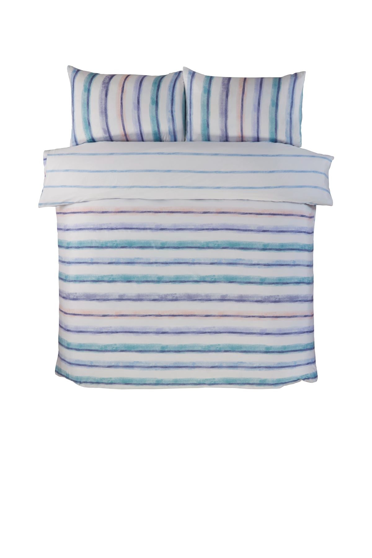 Serene Horizon Duvet Cover Set showcasing horizontal brushstroke-effect stripes in soft shades of blue, teal, purple, and warm orange for a contemporary bedroom aesthetic