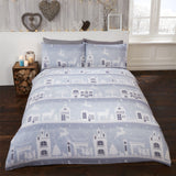 Scandi town silhouette with reindeers and christmas trees on 100% brushed cotton