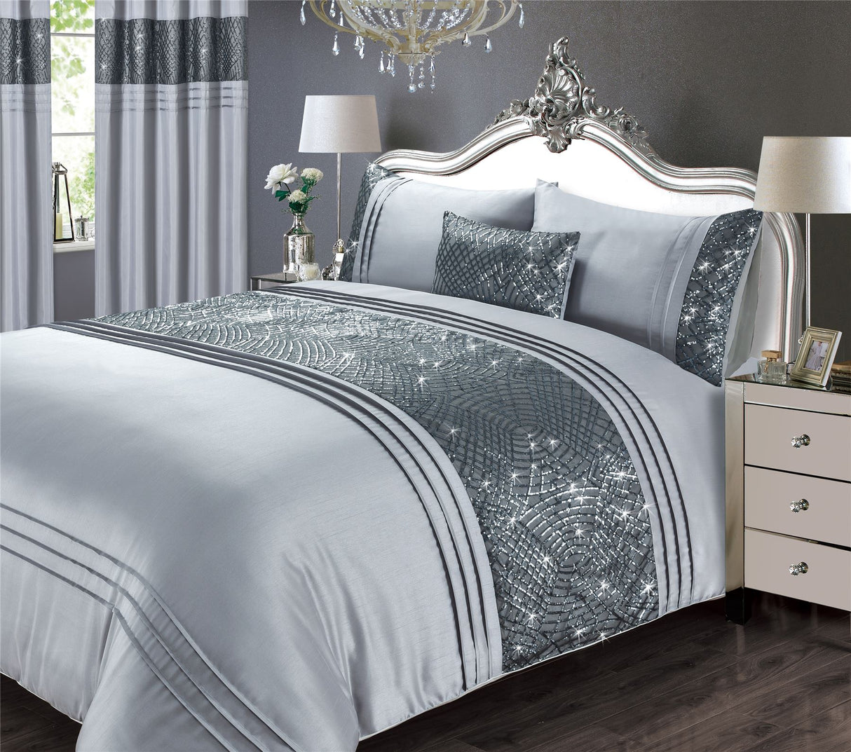 Elegant Charleston Curtains featuring glittering sequin trim on smooth matte satin fabric, includes a pair with eyelet headers for simple pole fitting