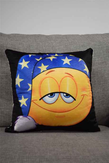 A colourful, reversible cushion measuring 43x43cm featuring emoji-style motifs to express your mood, whether alert or sleepy, with fun filled design